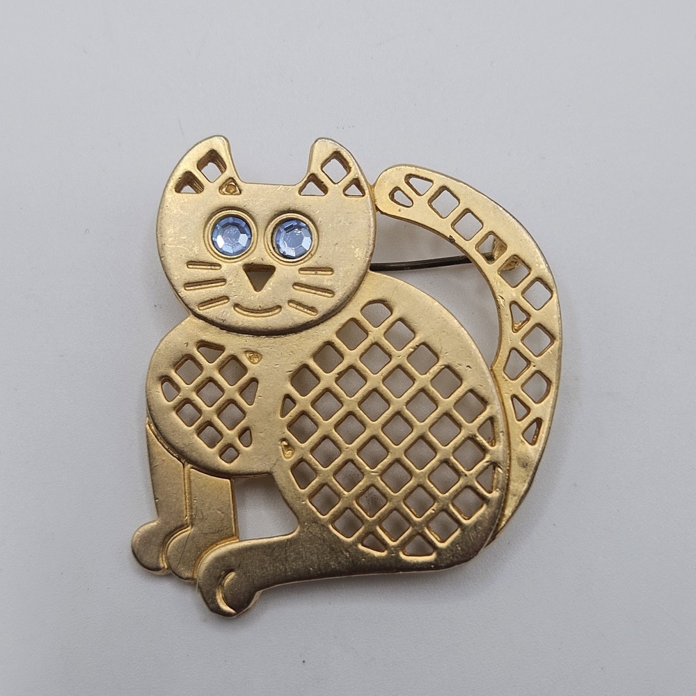 Cat Brooch Pin Gold Tone Blue Crystal Eyes Signed Newpro